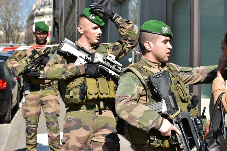 French troops on duty near the Paris offices of the International Monetary Fund on March 16, 2017