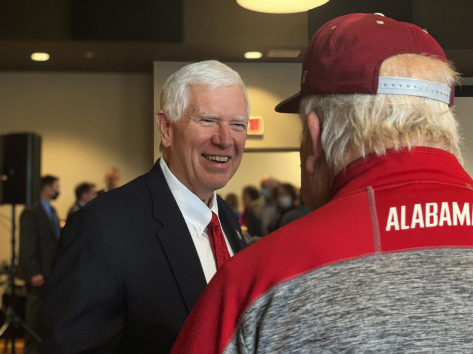 U.S. Rep. Mo Brooks greets supporters as he announces his campaign for U.S. Senate during a rally, Monday, March 22, 2021, in Huntsville, Ala. (AP Photo/Kim Chandler)