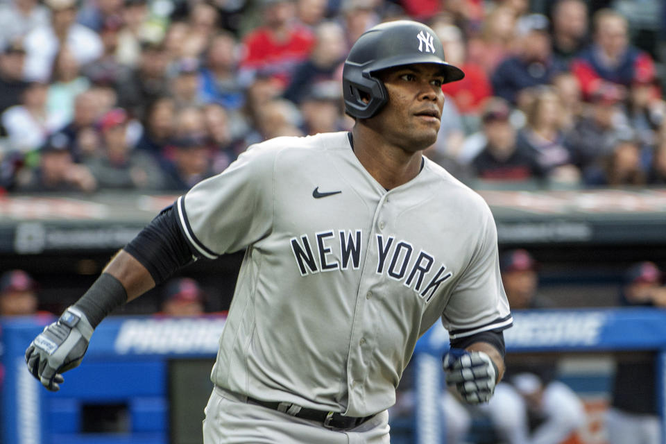 New York Yankees' Franchy Cordero watches his three-run home run off Cleveland Guardians starting pitcher Hunter Gaddis during the third inning of a baseball game in Cleveland, Tuesday April 11, 2023. (AP Photo/Phil Long)
