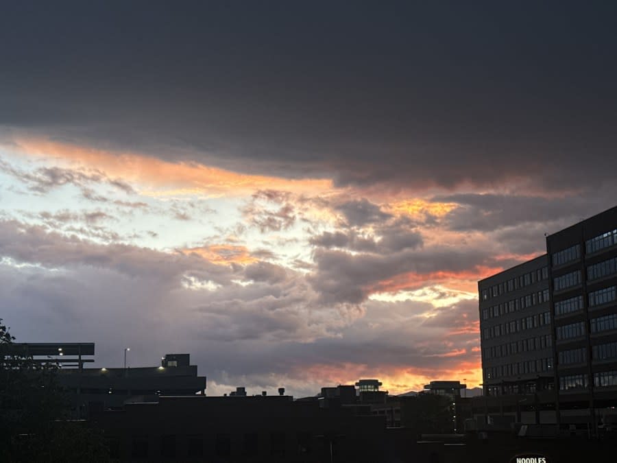 A stormy sunset is seen from the FOX31/Channel 2 weather deck on May 12, 2024. (Brooke Williams)