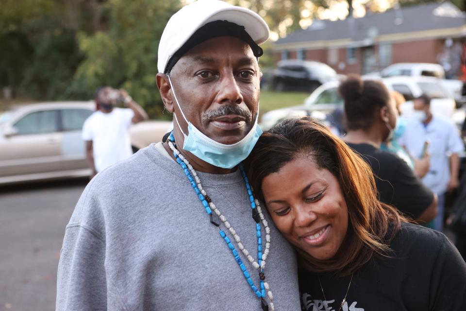 Melody Martin sheds tears of joy as she leans on her uncle Curtis McDonald, who was serving a life sentence, as they celebrate his release on Wednesday, Oct. 21, 2020, after being granted clemency by President Trump. McDonald was a co-defendant of Alice Marie Johnson, who's sentence was commuted and later pardoned, after receiving a life sentence for a role in a Houston-to-Memphis drug trafficking ring during the 1990s.