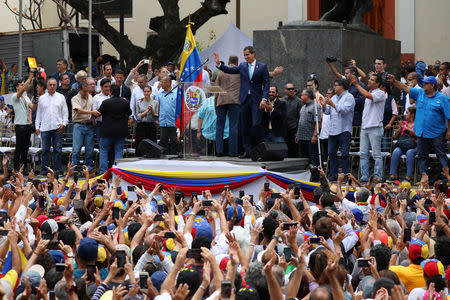 Venezuelan opposition leader Juan Guaido, who many nations have recognised as the country's rightful interim ruler, takes part in a gathering with supporters in Caracas, Venezuela, April 19, 2019. REUTERS/Manaure Quintero