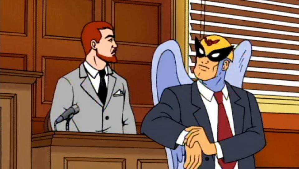 Harvey Birdman questions a witness on the stand