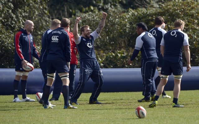 Marler jokes with team-mate Mako Vunipola during training