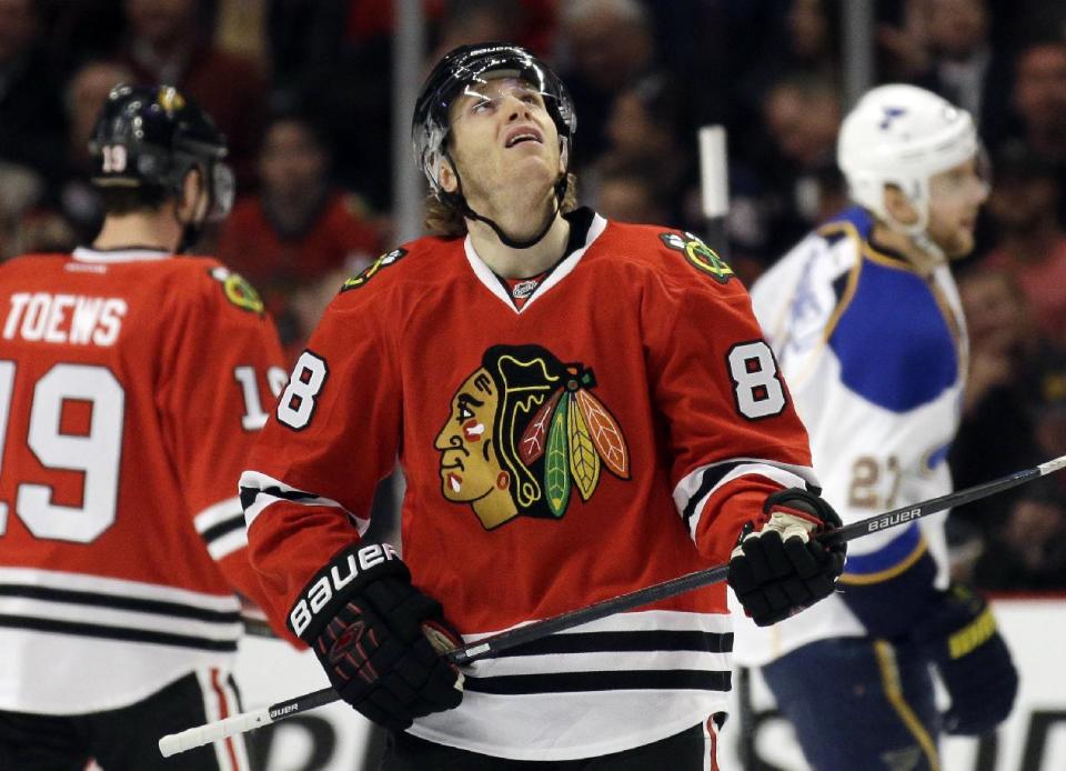 Chicago Blackhawks' Patrick Kane looks up after missing a shot against the St. Louis Blues during the first period in Game 4 of a first-round NHL hockey playoff series in Chicago, Wednesday, April 23, 2014. (AP Photo/Nam Y. Huh)