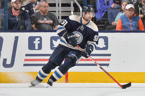 COLUMBUS, OH - MARCH 24: Fedor Tyutin #51 of the Columbus Blue Jackets skates against the Carolina Hurricanes on March 24, 2016 at Nationwide Arena in Columbus, Ohio. (Photo by Jamie Sabau/NHLI via Getty Images)