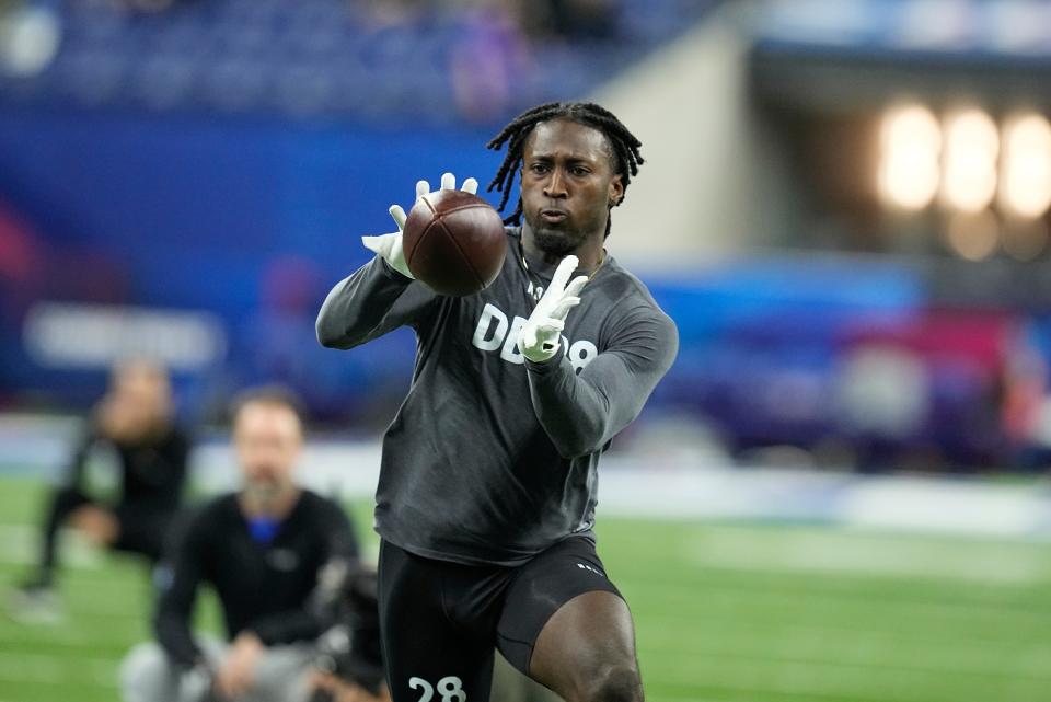 South Carolina defensive back Darius Rush runs a drill at the NFL football scouting combine in Indianapolis, Friday, March 3, 2023. (AP Photo/Darron Cummings)