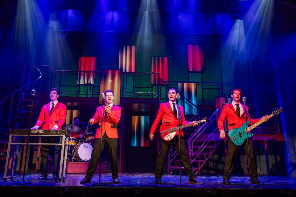 Left to right, actors Tyler Okunski (Bob Gaudio), Joey LaVarco (Frankie Vallli), Rory Max Kaplan (Tommy Devito), and Stephen Cerf (Nick Massi) sing in "Jersey Boys."