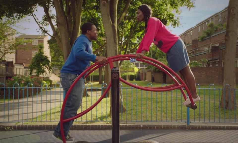 Jonathan Livingstone as Boy Tracy and Michaela Coel as Tracey in Chewing Gum.