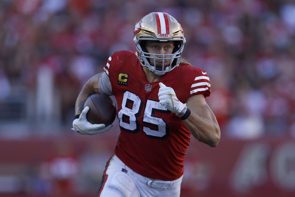 San Francisco 49ers tight end George Kittle (85) runs against the Kansas City Chiefs during the second half of an NFL football game in Santa Clara, Calif., Sunday, Oct. 23, 2022. (AP Photo/Jed Jacobsohn)