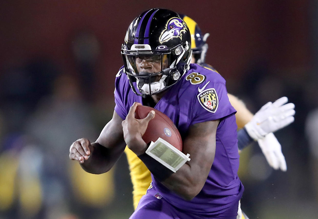 Quarterback Lamar Jackson of the Baltimore Ravens had a phenomenal game against the Rams. (Photo by Sean M. Haffey/Getty Images)