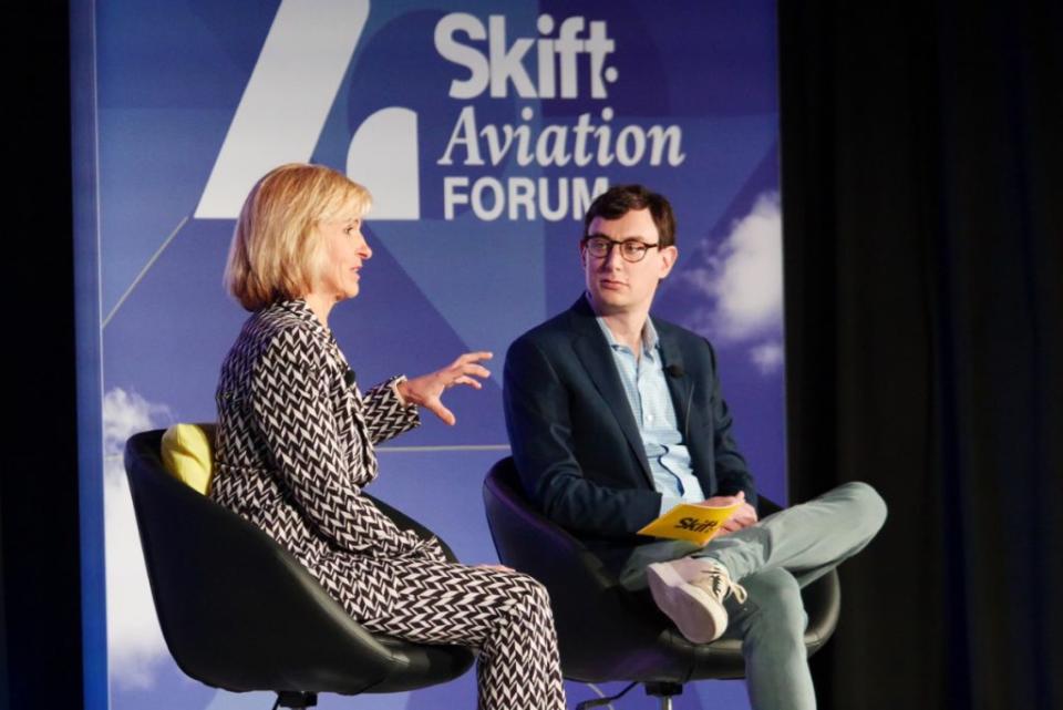 Delta's Allison Ausband, executive vice president and chief customer experience officer, talks at Skift Aviation Forum 2022 in Dallas-Fort Worth. Source: Skift. Skift