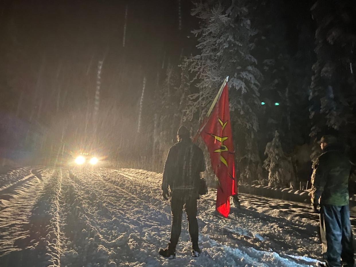 Wet'suwet'en members and supporters on the Morice Forest Service Road Nov. 14, 2021. (Submitted by Layla Staats - image credit)