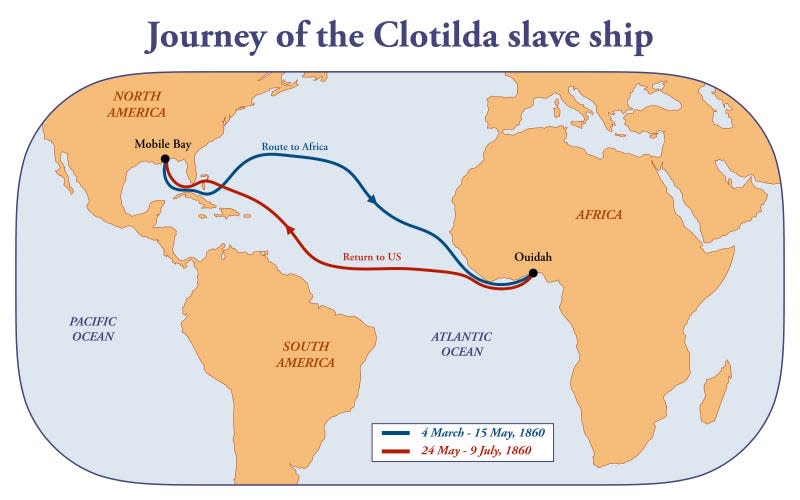 Map with the journey of the Clotilda, the last American slave ship - Photo: Dimitrios Karamitros (Getty Images)