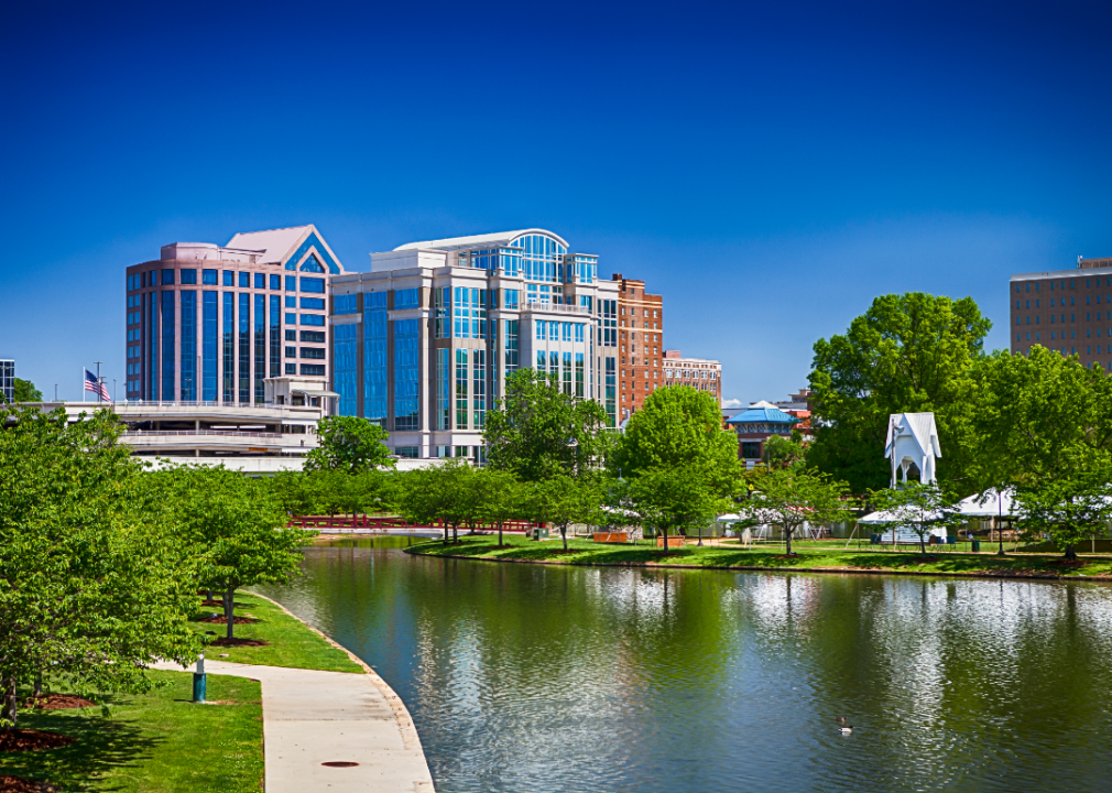 Downtown Huntsville as seen across a lake.