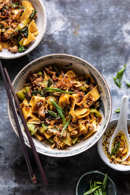 <p>Half Baked Harvest</p><p>Szechuan style noodles with soy sauce, tangy rice vinegar, plenty of vegetables, and thick eggs noodles...with the most addicting toasted sesame chili oil spooned over top. All made in about 30 mins!</p><p><strong>Get the recipe: <a href="https://www.halfbakedharvest.com/better-than-takeout-szechuan-noodles-with-sesame-chili-oil/" rel="nofollow noopener" target="_blank" data-ylk="slk:Szechuan Noodles with Sesame Chili Oil;elm:context_link;itc:0;sec:content-canvas" class="link ">Szechuan Noodles with Sesame Chili Oil</a></strong></p>