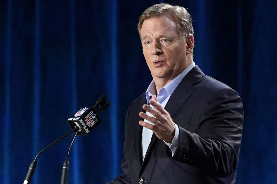 FILE - In this Jan. 29, 2020, file photo, NFL Commissioner Roger Goodell answers a question during a news conference for the NFL Super Bowl 54 football game in Miami. The NFL will nearly double its media revenue to more than $10 billion a season with new rights agreements announced Thursday, March 18, 2021 including a deal with Amazon Prime Video that gives the streaming service exclusive rights to “Thursday Night Football” beginning in 2022(AP Photo/David J. Phillip, File)