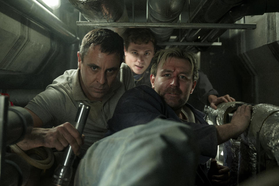 L-R Emun Elliott as Don Logan, Stanley Morgan as Tommy and James McArdle as Gal Dove in Sexy Beast, episode 8, season 1. Photo Credit: Matt Towers/Paramount+.