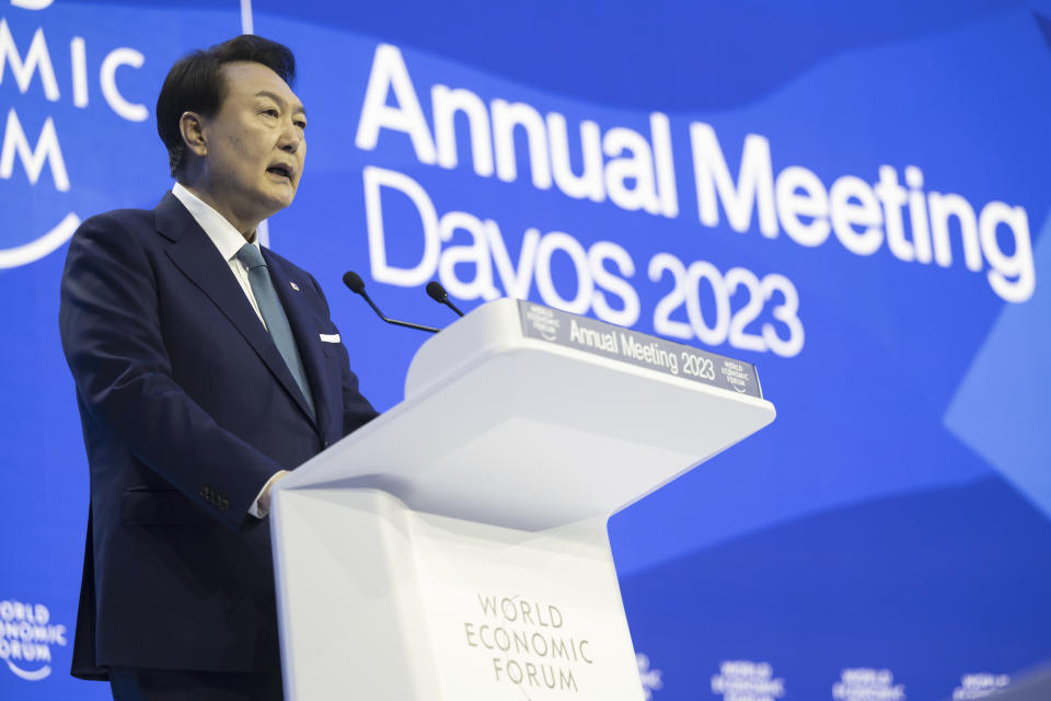 Yoon Suk Yeol, President of the Republic of Korea, speaks during the 53rd annual meeting of the World Economic Forum, WEF, in Davos, Switzerland, Thursday, Jan. 19, 2023. The meeting brings together entrepreneurs, scientists, corporate and political leaders in Davos under the topic "Cooperation in a Fragmented World" from 16 to 20 January. (Laurent Gillieron/Keystone via AP)