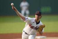 Cleveland Guardians starting pitcher Shane Bieber throws during the first inning of the team's baseball game against the Boston Red Sox, Tuesday, June 6, 2023, in Cleveland. (AP Photo/Sue Ogrocki)