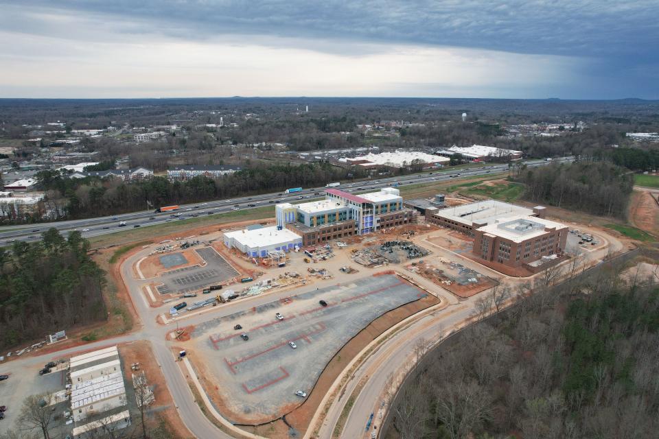 Aerial photo of the construction thus far on CaroMont Hospital's new Belmont location.