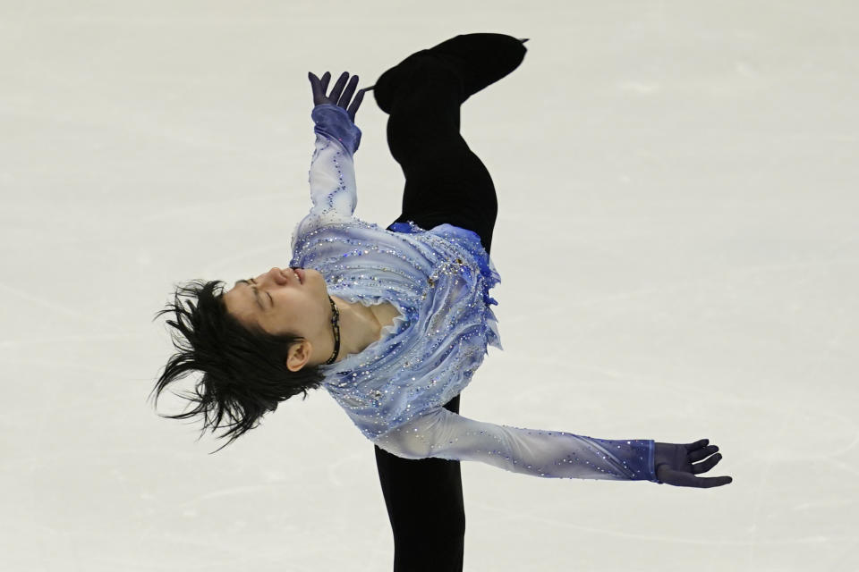 Yuzuru Hanyu of Japan performs in the men's short program during the ISU Grand Prix of Figure Skating in Sapporo, northern Japan, Friday, Nov. 22, 2019. (AP Photo/Toru Hanai)