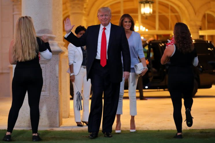 Trump and first lady Melania Trump arrive at Trump International Golf Club in West Palm Beach, Fla., to watch the Super Bowl