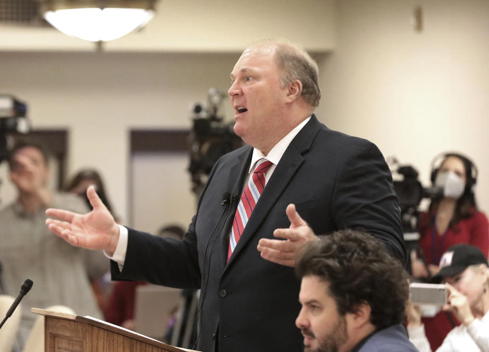 FILE - Michael Gableman delivers remarks to members of the Wisconsin Assembly elections committee at the State Capitol in Madison, Wis., Tuesday, March 1, 2022. Wisconsin's Republican Assembly speaker has signed a new contract with Michael Gableman, the former state Supreme Court justice he hired to investigate the 2020 election, Gableman's attorney told a judge on Tuesday, March 8, 2021. (John Hart/Wisconsin State Journal via AP, File)