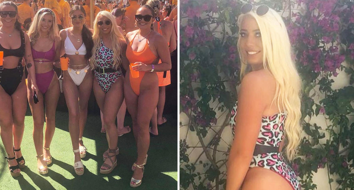 Lyndsey Brown, pictured alone (right) and with friends ahead of her swimsuit mishap. [Photo: Instagram]