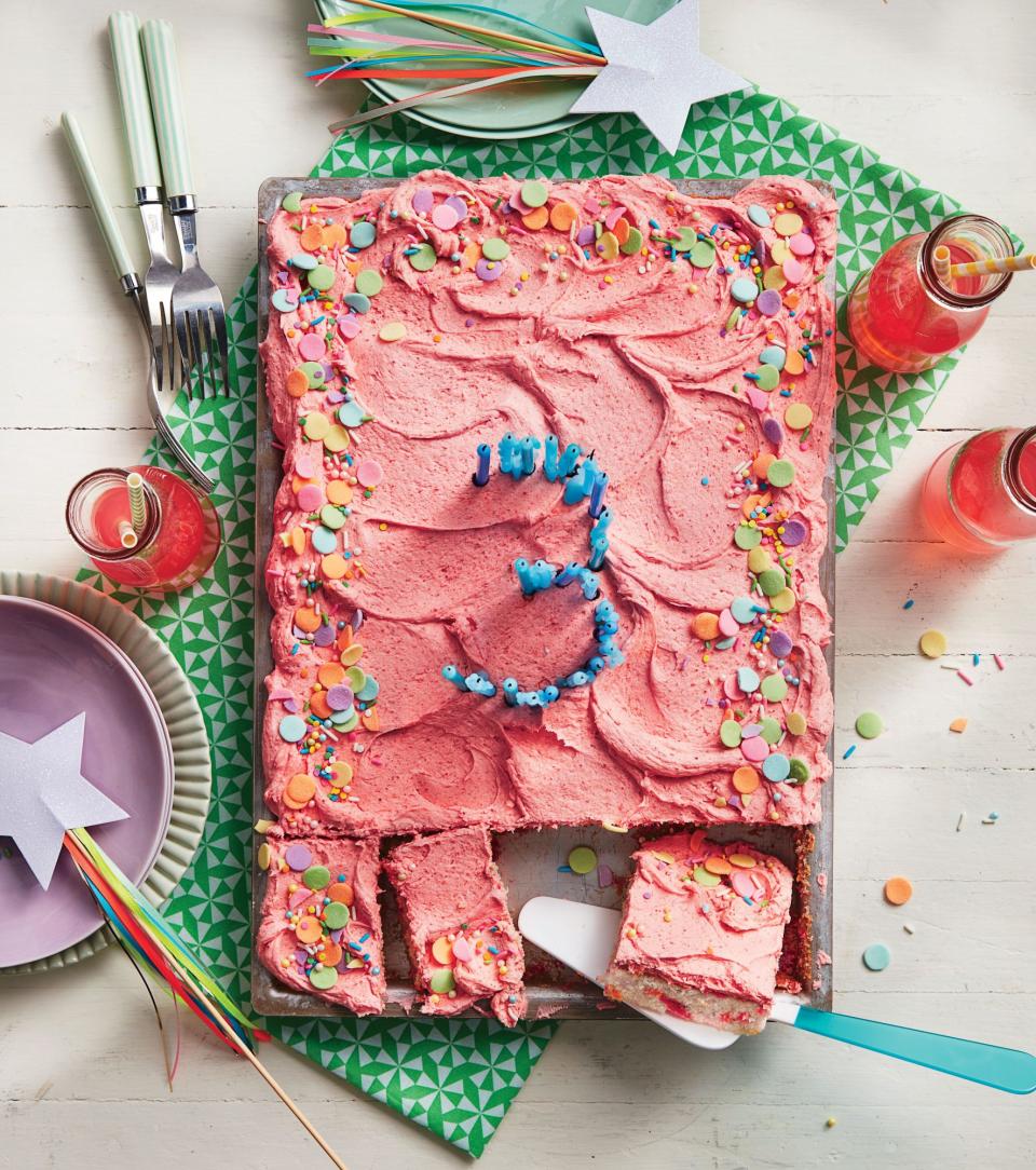 Cream Soda Confetti Sheet Cake with Strawberry-Sour Cream Buttercream