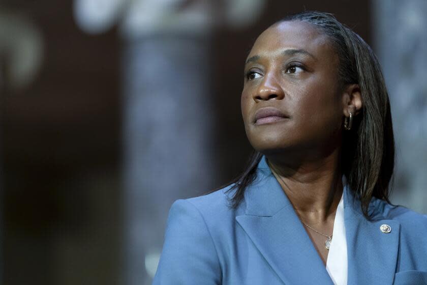 Laphonza Butler, D-Calif., is seen during a re-enactment of her swearing-in ceremony to the Senate to succeed the late Sen. Dianne Feinstein on Tuesday, Oct. 3, 2023, on Capitol Hill in Washington. (AP Photo/Stephanie Scarbrough)