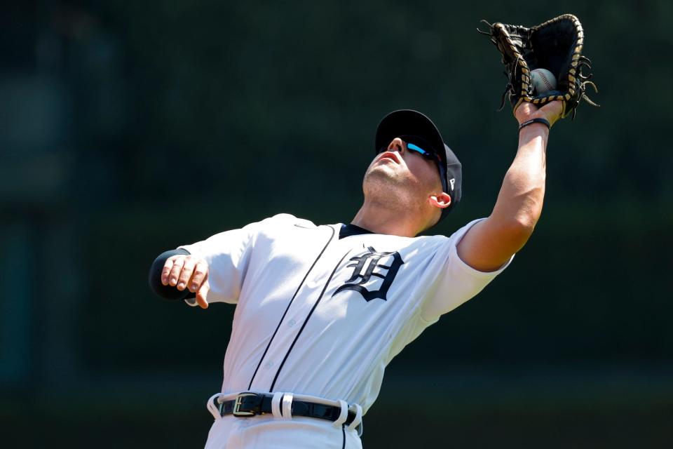 Tigers first baseman Spencer Torkelson makes a catch against the Giants in the third inning on Saturday, April 15, 2023, at Comerica Park.