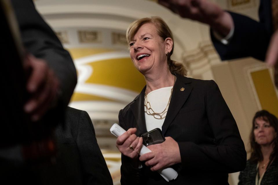 Sen. Tammy Baldwin (D-WI) smiles during a news conference after a meeting with Senate Democrats at the U.S. Capitol November 29, 2022 in Washington, DC.