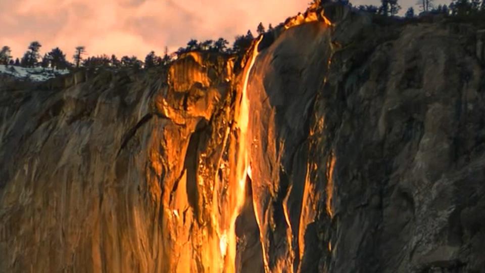 The Horsetail Fall at the Yosemite National Park glows during the annual Horsetail Fall phenomenon in February 2024.