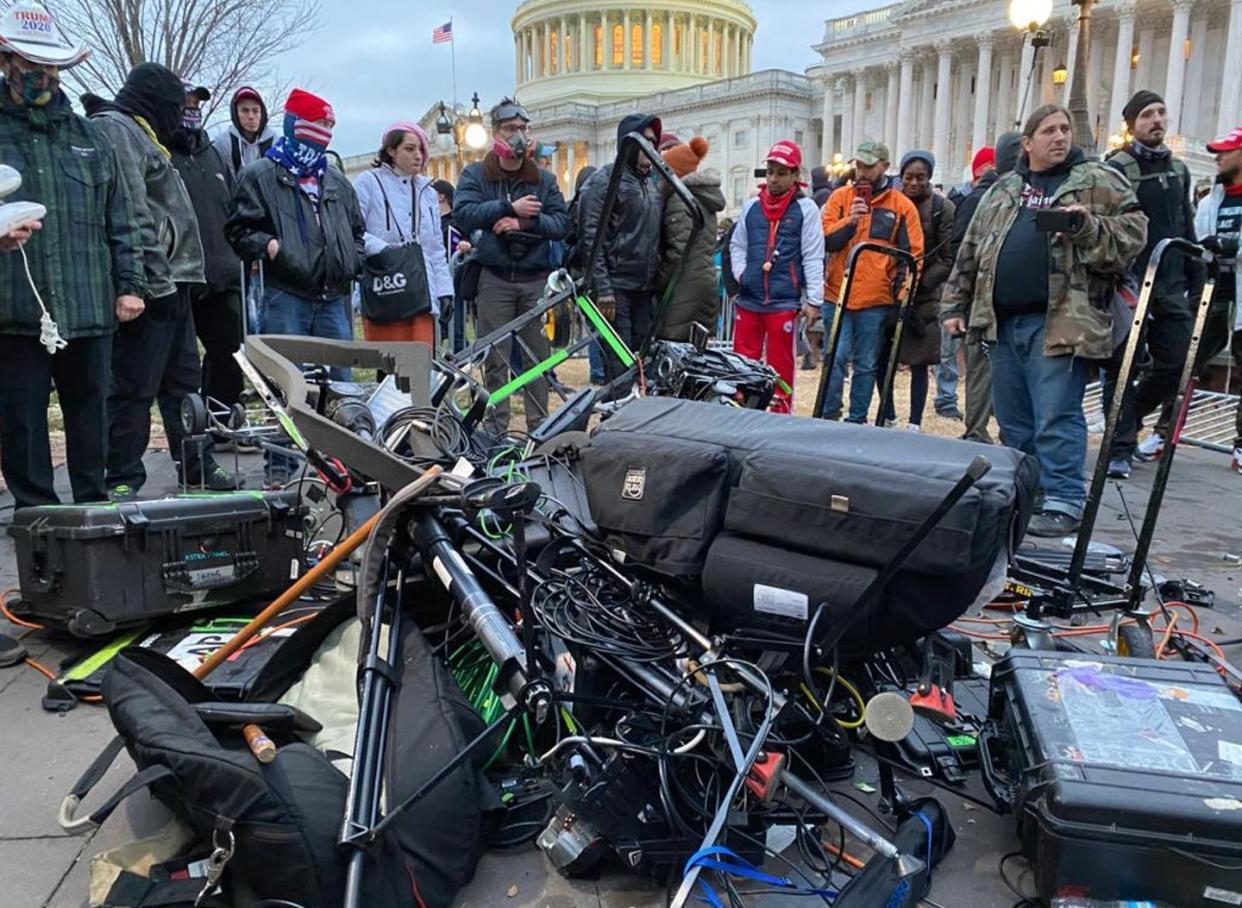 <span class="caption">Trashed equipment for media outlets at the Capitol ... but not reputations?</span> <span class="attribution"><a class="link " href="https://www.gettyimages.com/detail/news-photo/equipment-of-media-crews-damaged-during-clashes-after-the-news-photo/1230456114?adppopup=true" rel="nofollow noopener" target="_blank" data-ylk="slk:Tayfun Coskun/Anadolu Agency via Getty Images;elm:context_link;itc:0;sec:content-canvas">Tayfun Coskun/Anadolu Agency via Getty Images</a></span>