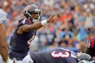 Sep 16, 2018; Nashville, TN, USA; Houston Texans quarterback Deshaun Watson (4) makes the call at the line against the Tennessee Titans during the second half at Nissan Stadium. Tennessee won 20-17. Mandatory Credit: Jim Brown-USA TODAY Sports