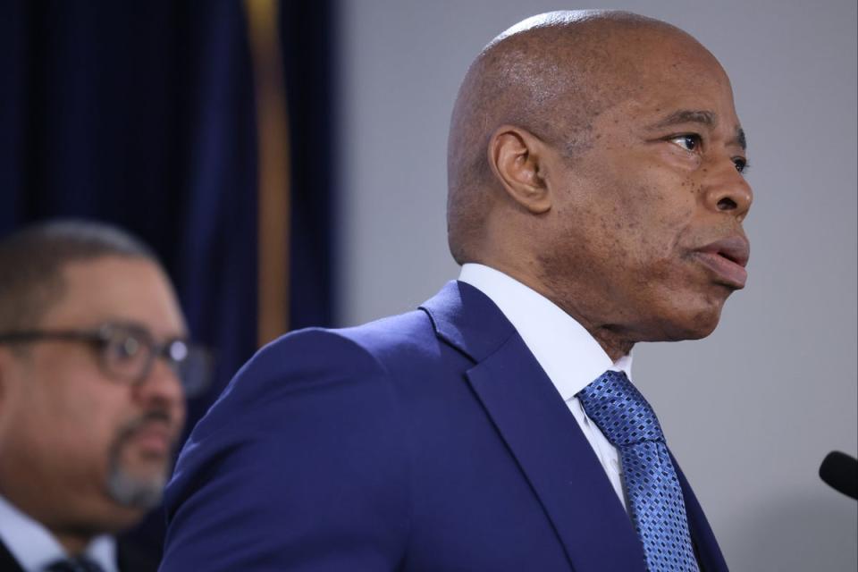 Mayor Eric Adams speaks during a press conference at the office of the District Attorneys on February 08, 2024 in New York City. (Getty Images)