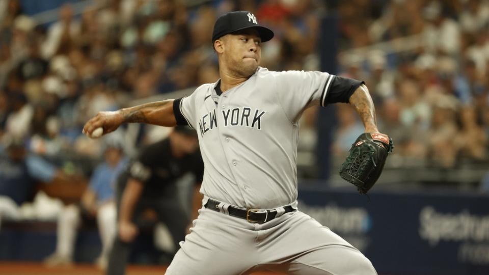 Sep 4, 2022; St. Petersburg, Florida, USA; New York Yankees starting pitcher Frankie Montas (47) throws a pitch during the first inning against the Tampa Bay Rays at Tropicana Field.