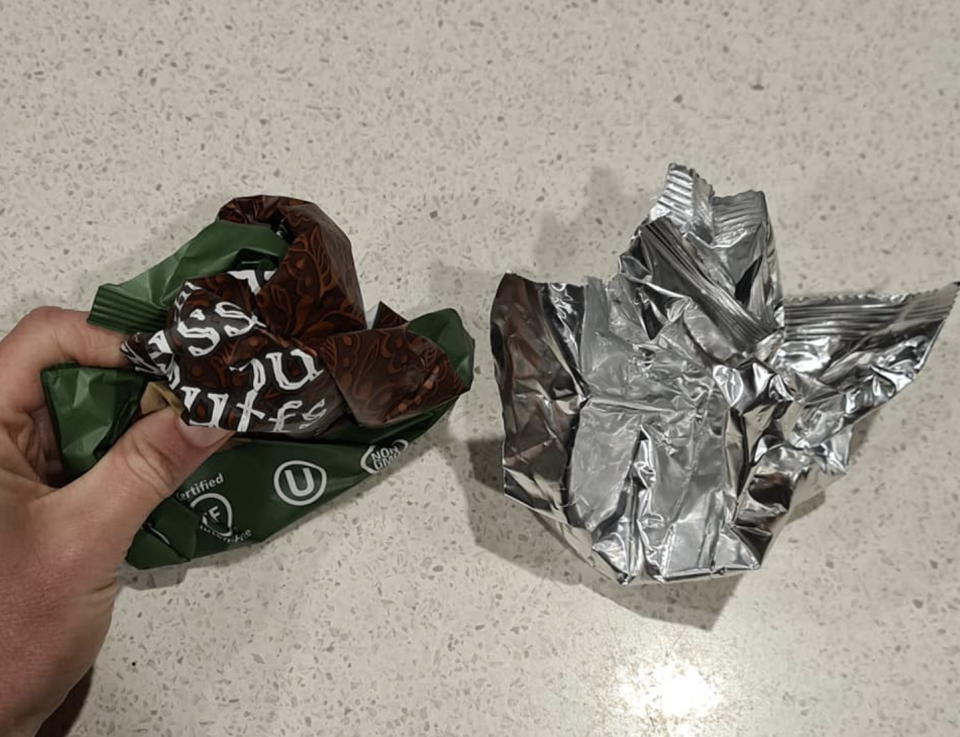 Photo shows two kinds of wrappers scrunched into a ball.