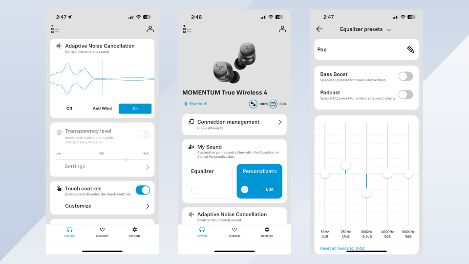 Three screenshots from the Sennheiser companion app.
