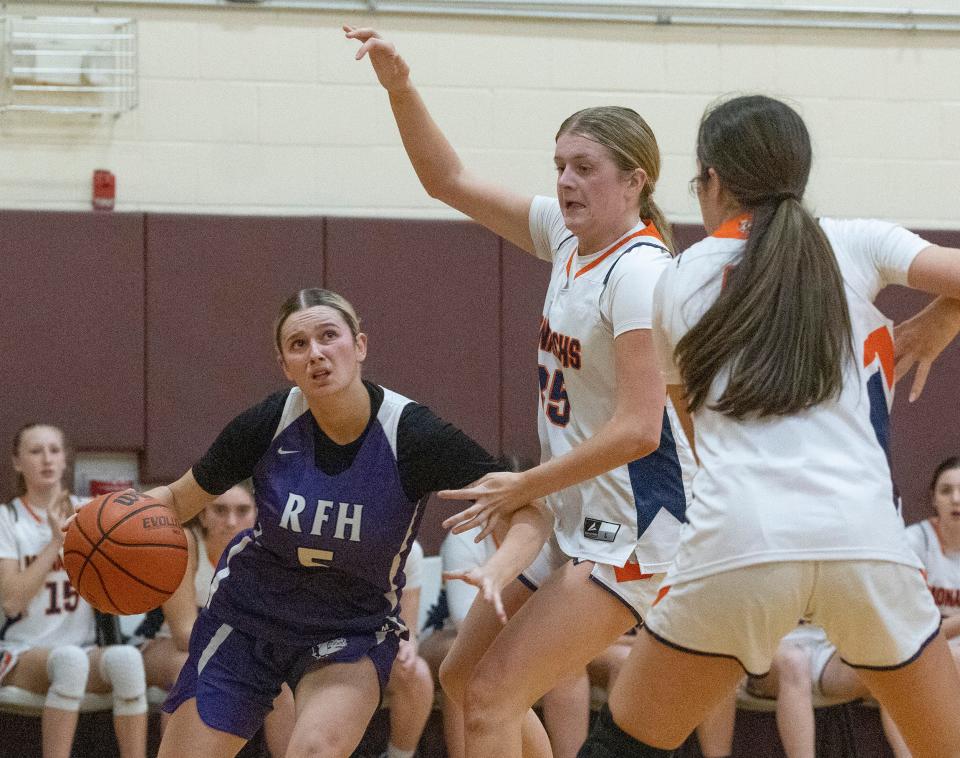 Rumson Raquel Guidetti drives to the basket. Trinity Hall Girls Basketball edges out Rumson-Fair Haven in Ocean Township on January 30, 2023. 