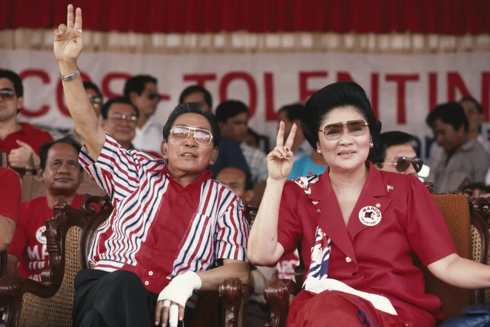 Ferdinand Marcos and his wife Imelda during his 1986 campaign for presidential elections in Mindoro, Philippines. (Photo by Andy Hernandez/Sygma/Sygma via Getty Images)