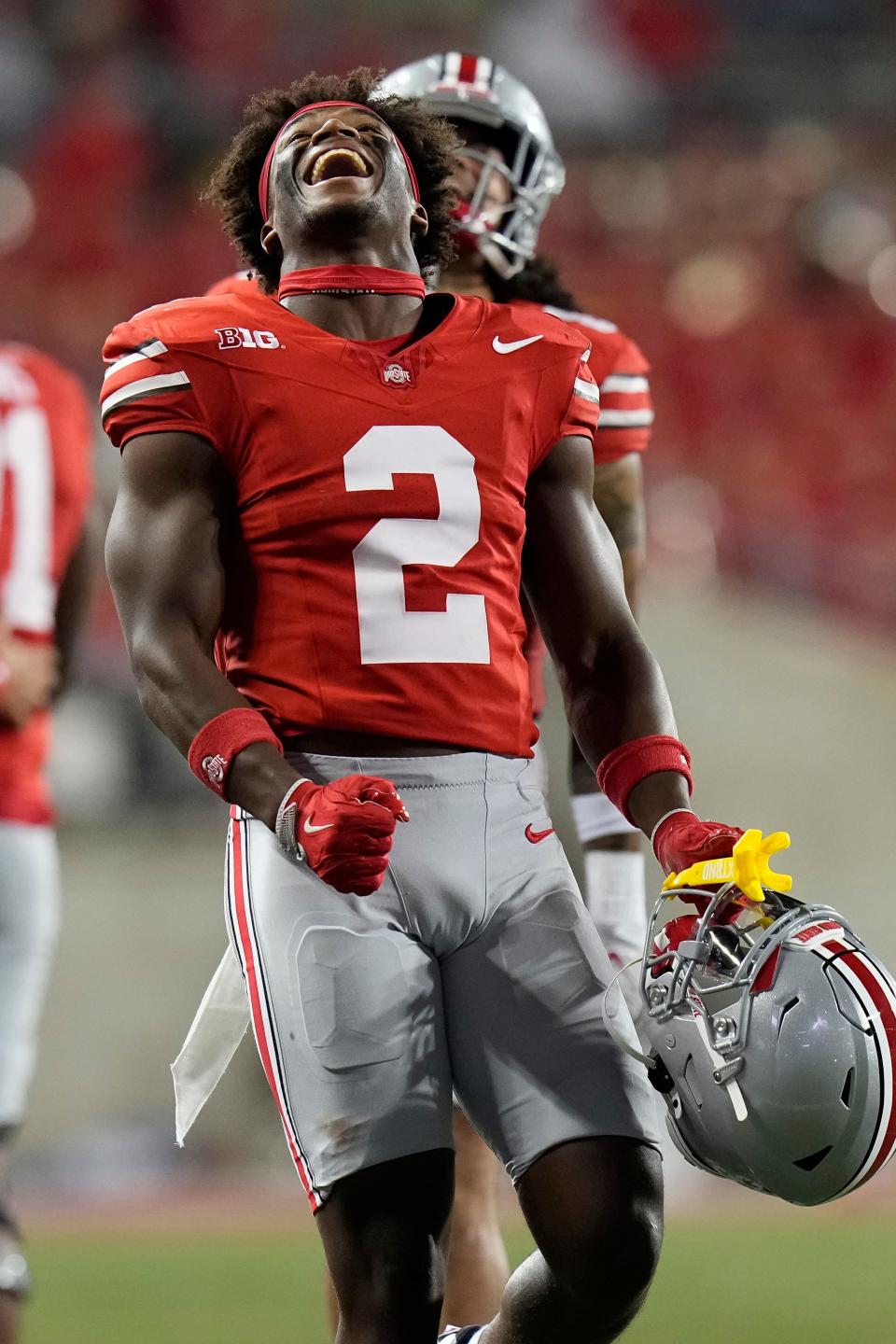 Sep 7, 2024; Columbus, Ohio, USA; Ohio State Buckeyes safety Caleb Downs (2) celebrates during the first half of the NCAA football game against the Western Michigan Broncos at Ohio Stadium.