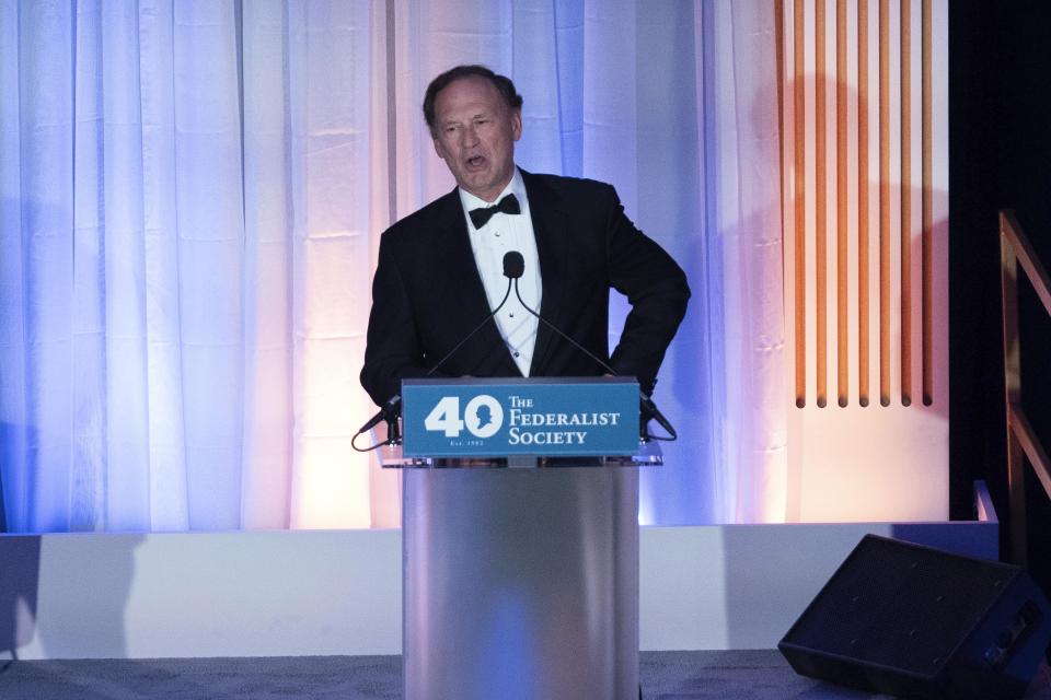 Supreme Court Associate Justice Samuel Alito speaks during the Federalist Society's 40th Anniversary at Union Station in Washington, Monday, Nov. 10, 2022. ( AP Photo/Jose Luis Magana)