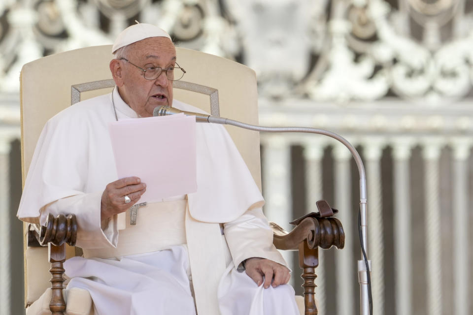 Pope Francis delivers his speech during a weekly general audience in the St. Peter's Square at the Vatican, Wednesday, June 26, 2024. (AP Photo/Andrew Medichini)