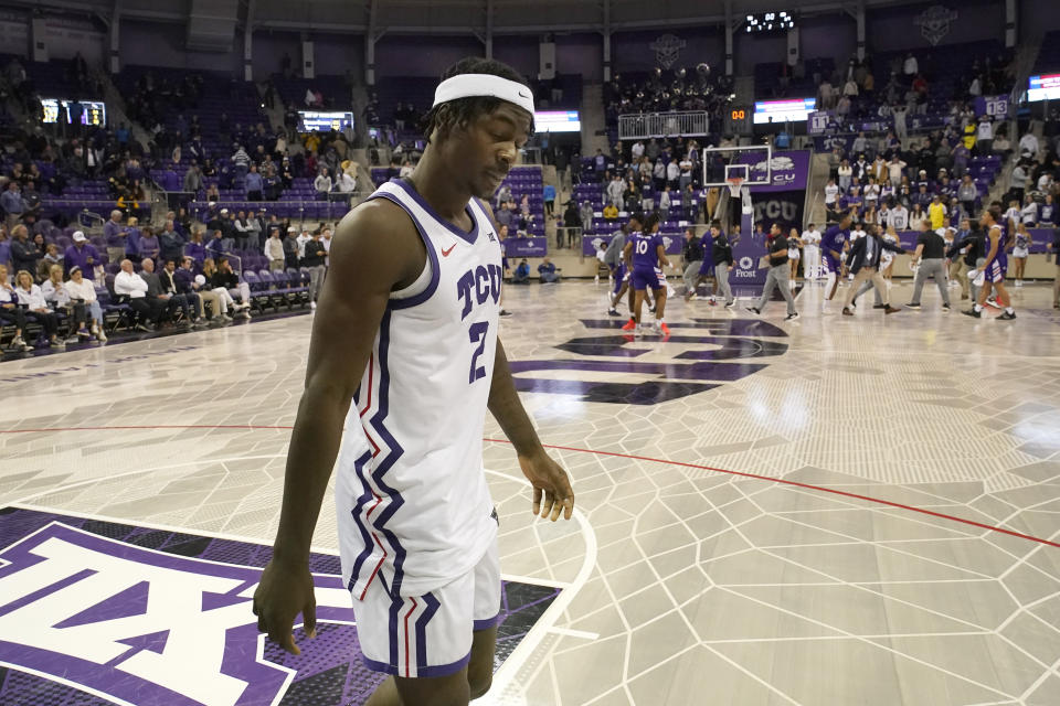 TCU forward Emanuel Miller (2) walks on the floor at the end of the an NCAA college basketball game against Northwestern State in Fort Worth, Texas, Monday, Nov. 14, 2022. Northwestern State won 64-63. (AP Photo/LM Otero)