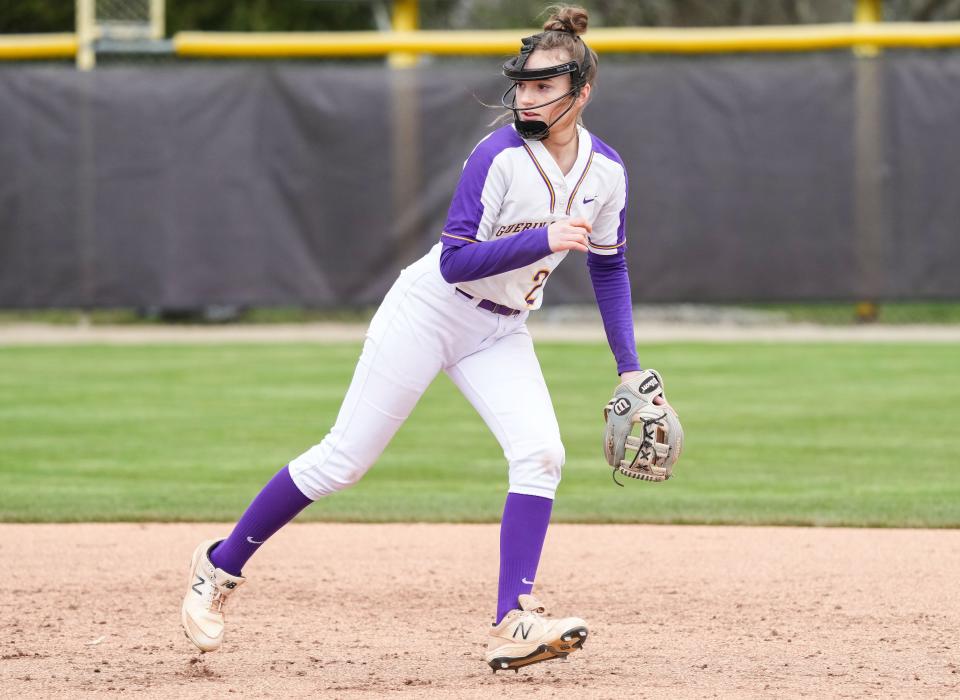 Guerin Catholic Golden Eagles Lucy Kemp (2) rushes between bases on Wednesday, April 20, 2022, at Guerin Catholic High School in Noblesville. 