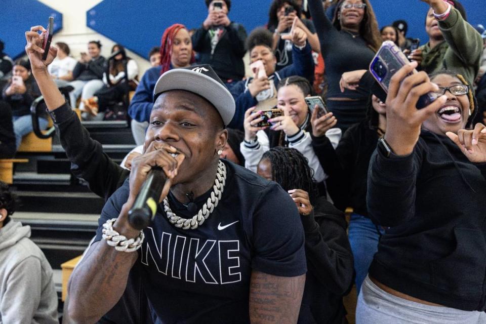 Rapper DaBaby performs a surprise concert at Garinger High School in Charlotte, N.C., on Monday, April 22, 2024.