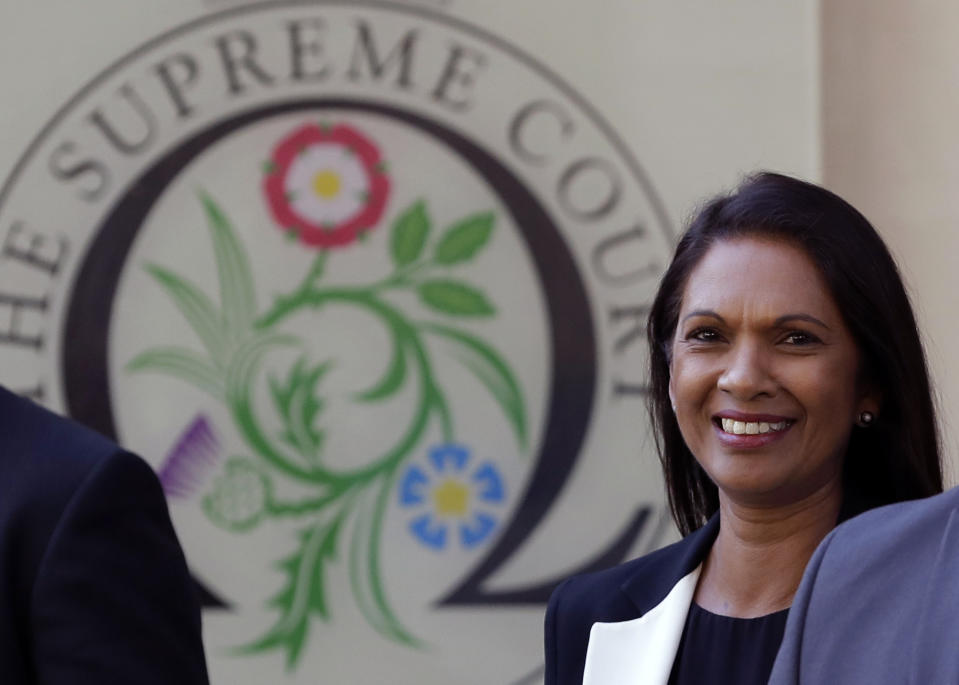 Anti-Brexit campaigner Gina Miller leaves the Supreme Court in London, Wednesday, Sept. 18, 2019. The Supreme Court is set to decide whether Prime Minister Boris Johnson broke the law when he suspended Parliament on Sept. 9, sending lawmakers home until Oct. 14 — just over two weeks before the U.K. is due to leave the European Union. (AP Photo/Kirsty Wigglesworth)