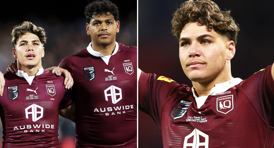 Selwyn Cobbo and Reece Walsh in action for Queensland in State of Origin.